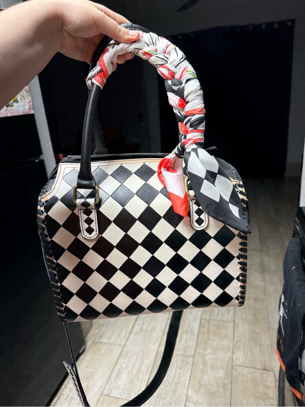 Checkerboard Utility Satchel Handbag in Black & White
